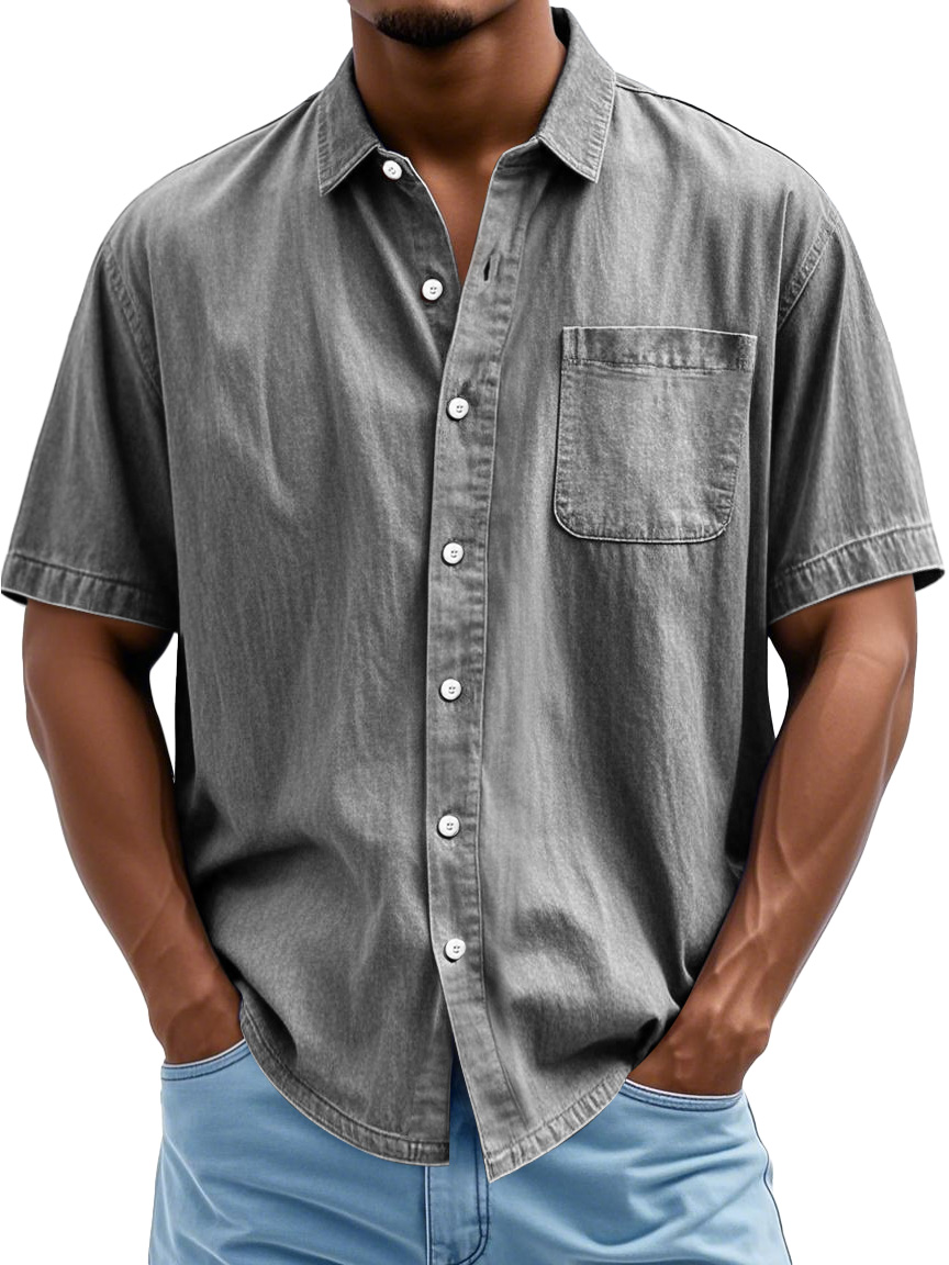 Men's Fashion Casual Lapel Pocket Solid Color Short Shirt