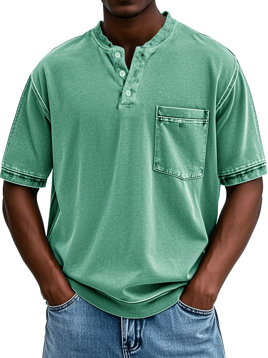 Men's Fashion Retro Round Neck Pocket Short Sleeve Henley Shirt