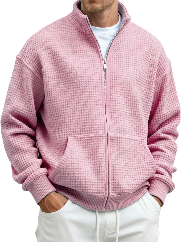 Men's Fashion Casual Waffle Fabric Stand Collar Long-Sleeve Pocket Sweatshirt
