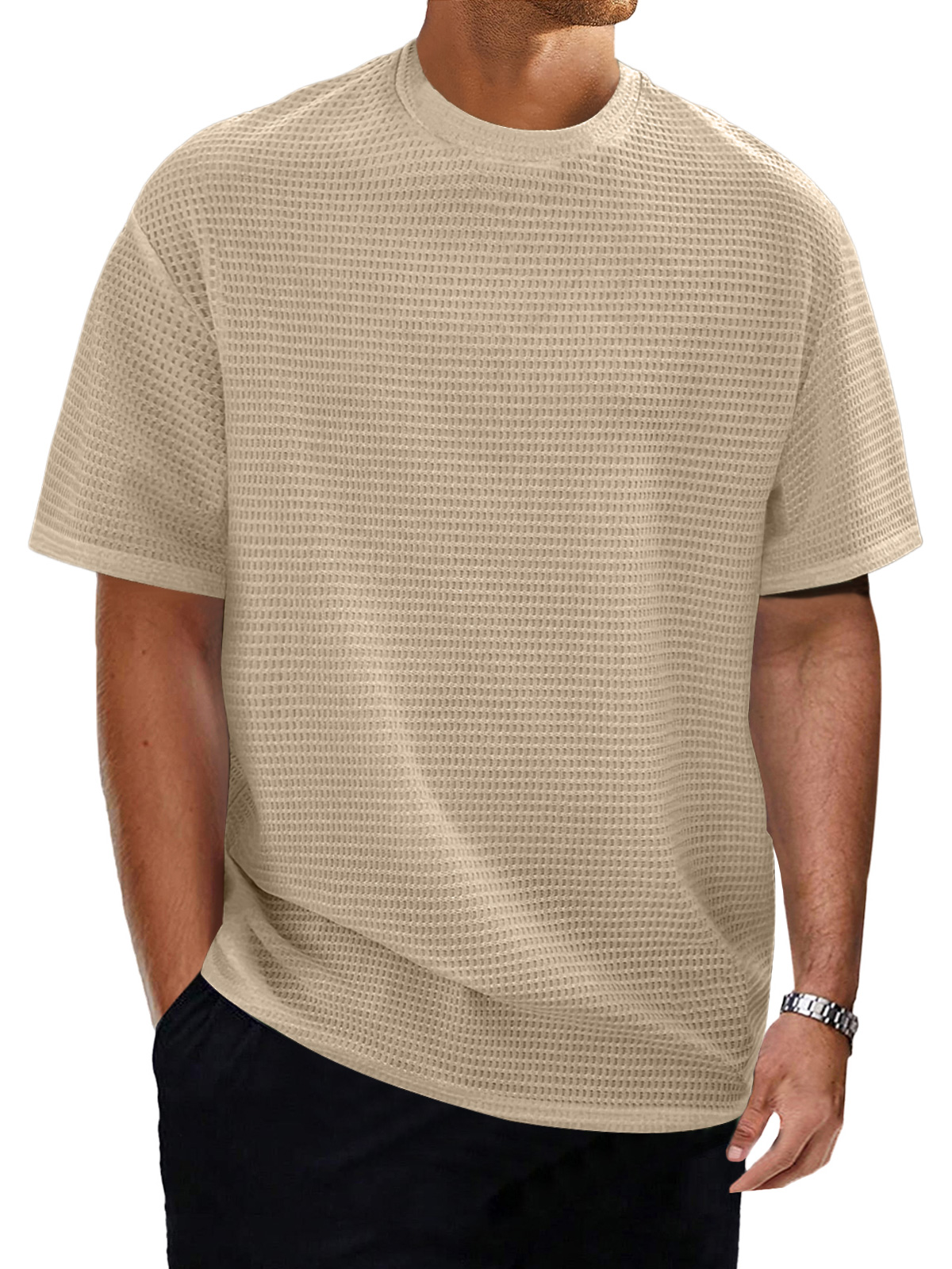 Men's casual round neck waffle texture solid color short-sleeved T-shirt