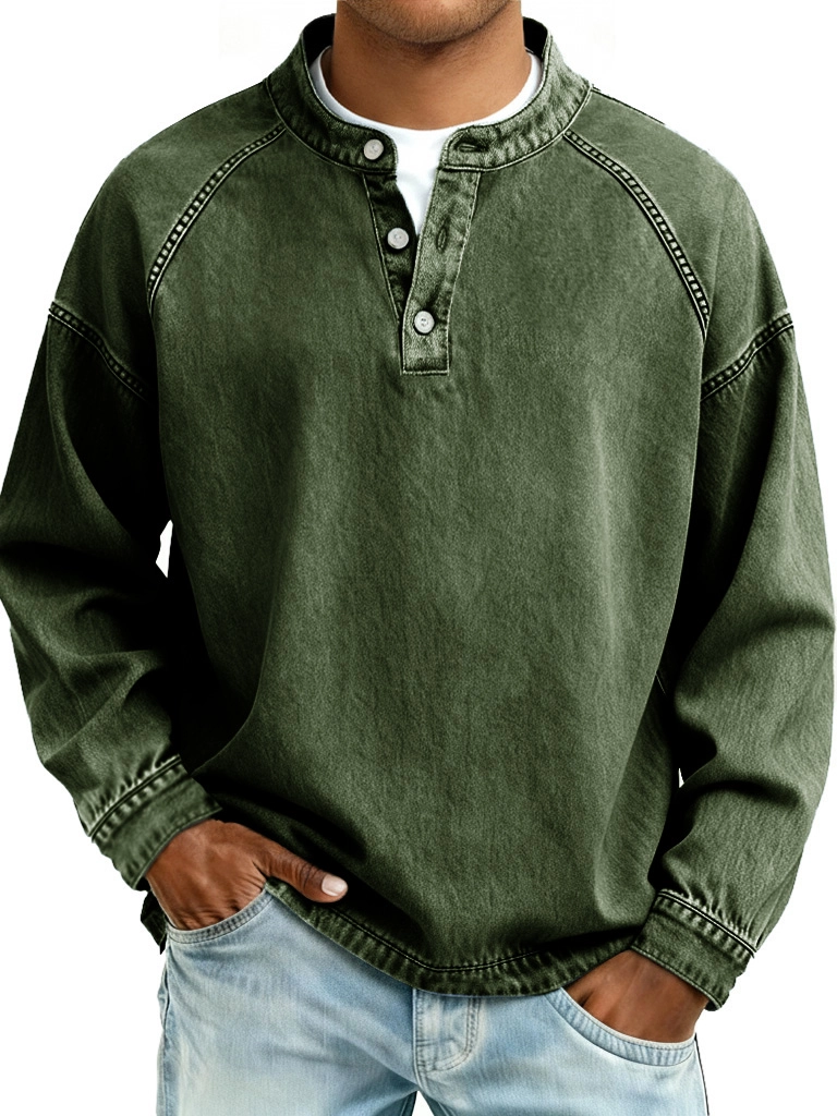 Men's Retro Fashion Distressed Raglan Sleeve Stand Collar Long-Sleeve Henley Shirt