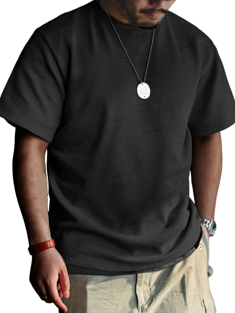 Men's Simple Waffle Fabric Short-Sleeved Round Neck T-shirt