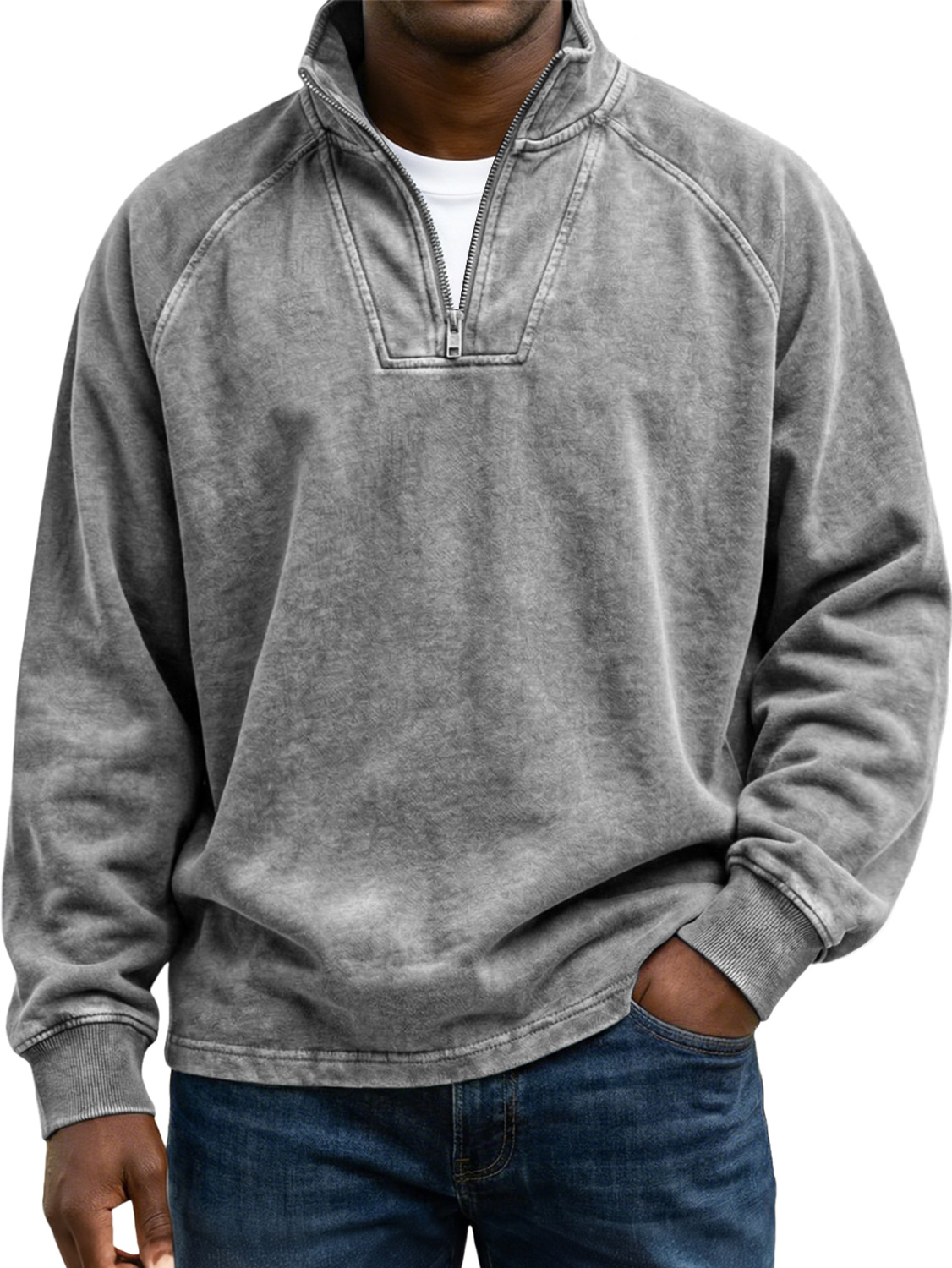 Men's Vintage Raglan Sleeve Stand-collar Zip-up Casual Long-sleeved Shirtt