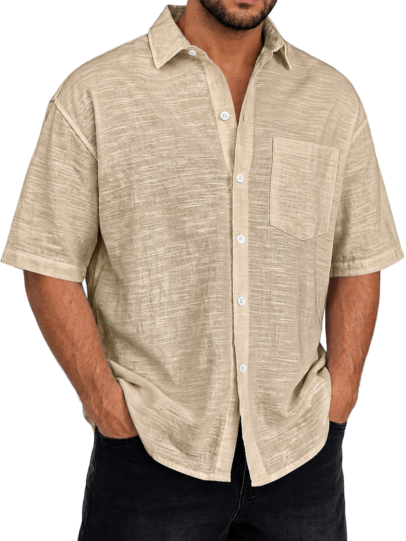 Men's Textured Casual Short-Sleeve Shirt with Collar and Pocket