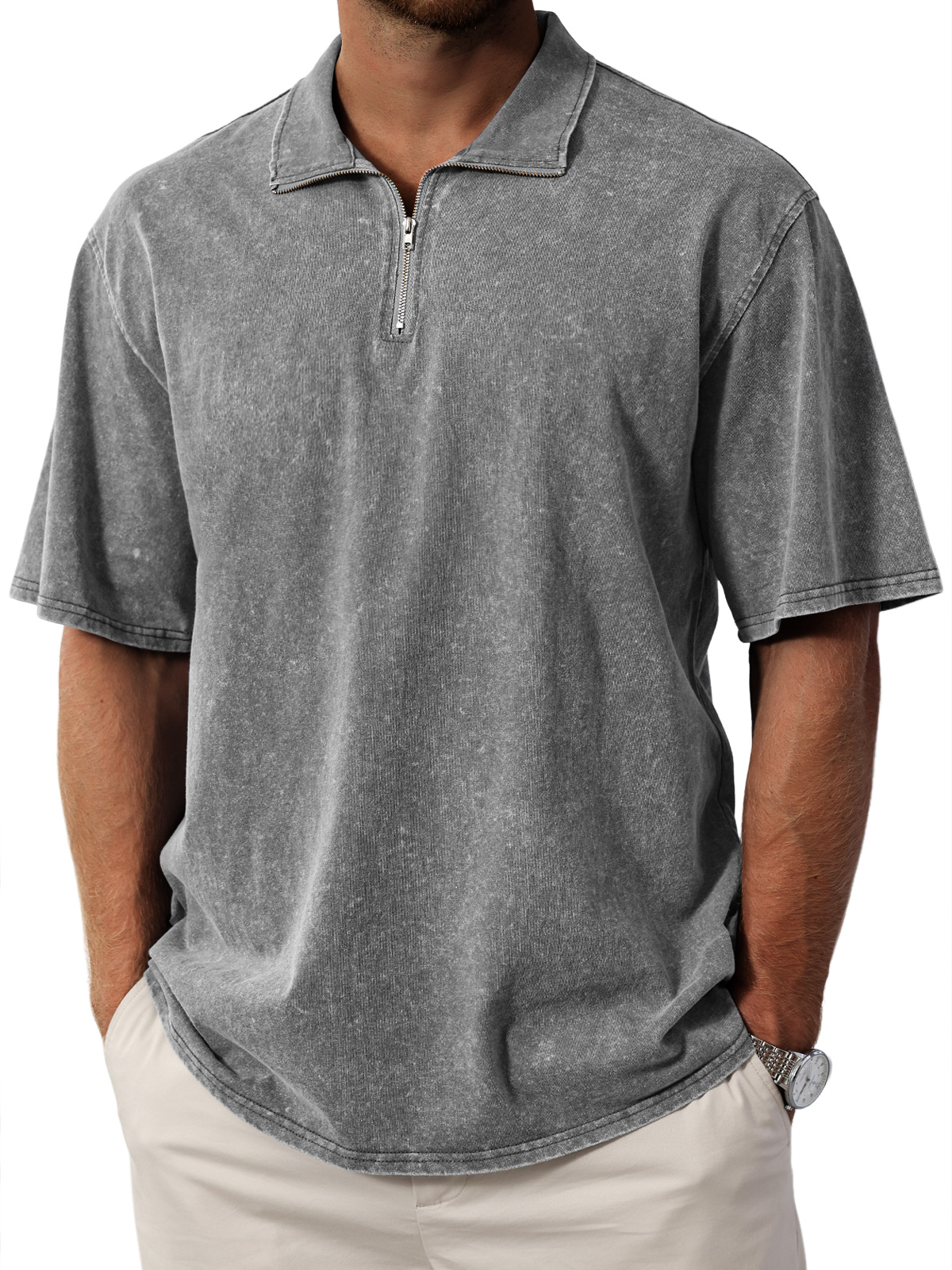 Men's Retro  Stand Collar Zipper Solid Color Short Sleeve T-Shirt