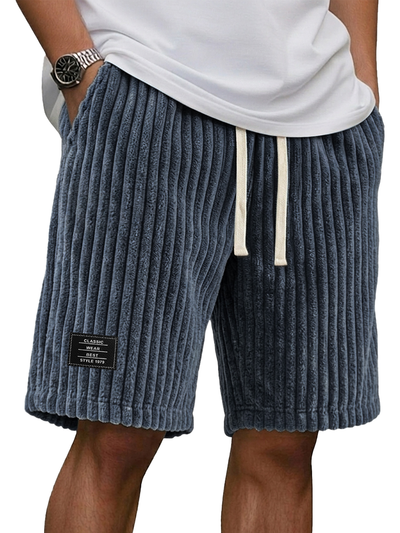 Men's Casual Retro Corduroy Embroidered Logo Loose Shorts