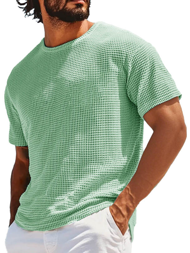 Men's Retro Fashion Round Neck Waffle Texture Fabric Short-sleeved T-shirt