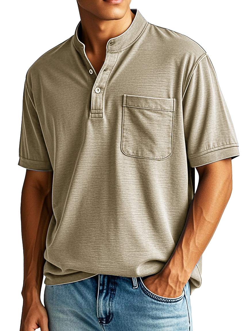 Men's Fashion Casual Stand-up Collar Pocket Short-sleeved Henley Shirt 