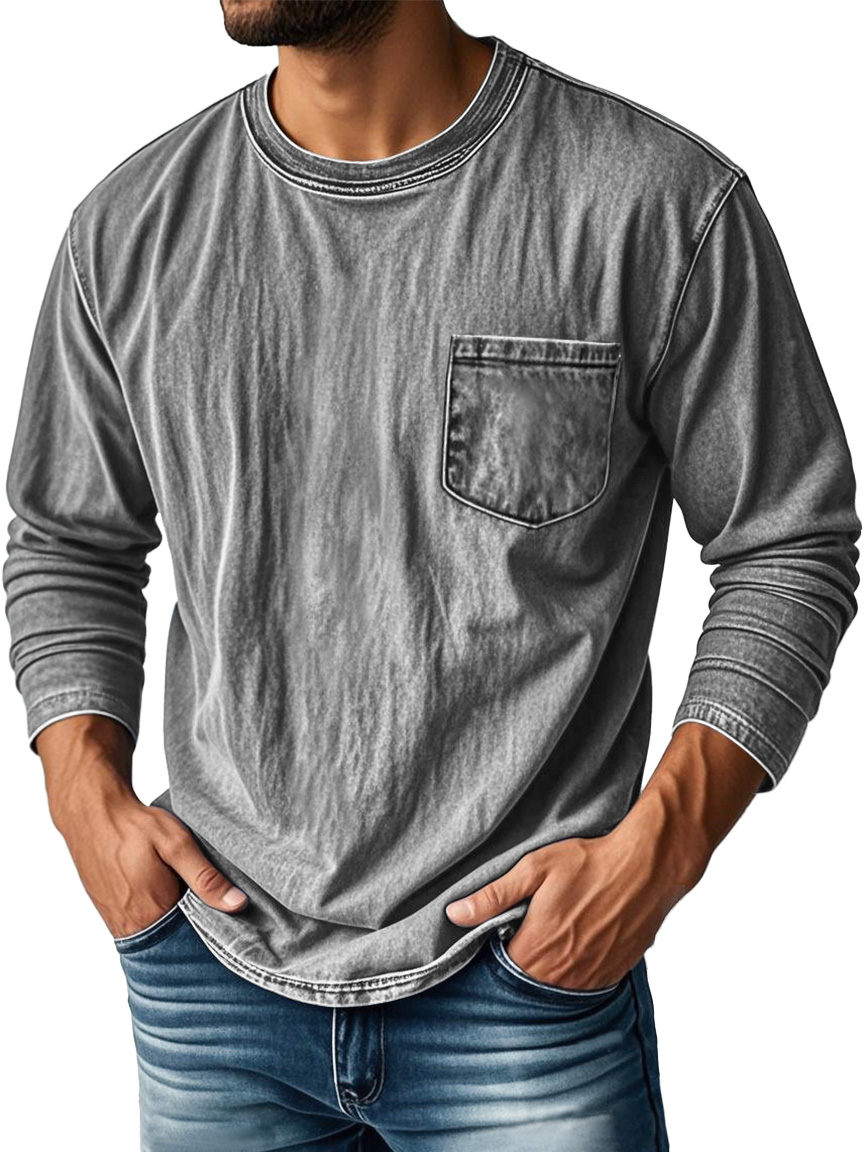 Men's Vintage Distressed Round Neck Pocket Casual Long-sleeved T-shirt