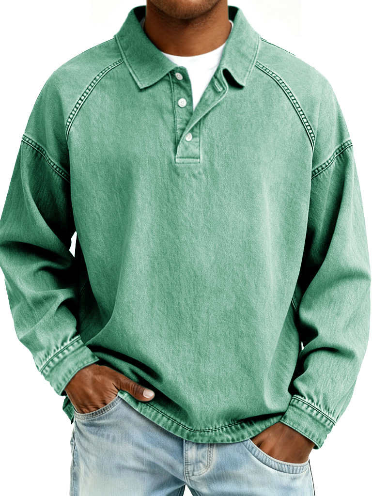 Men's Retro Fashion Distressed Raglan Sleeve Lapel Long-Sleeve Polo Shirt