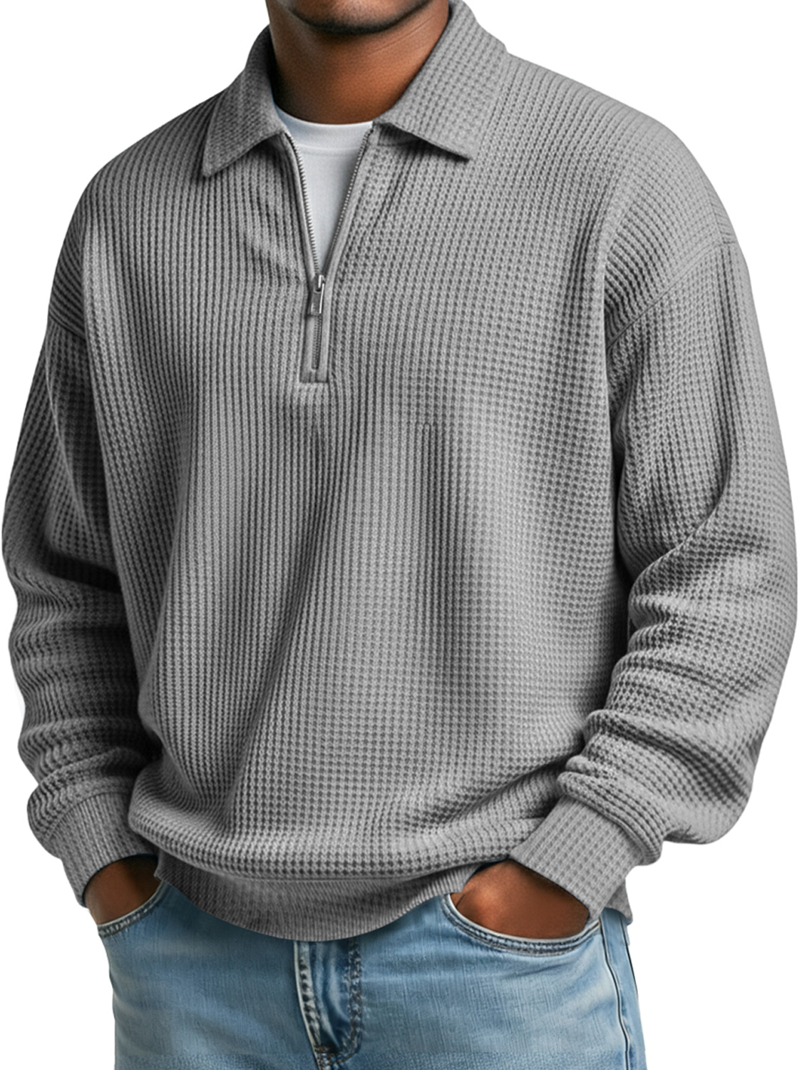 Simple Waffle Lapel Zipper Casual Solid Color Polo Shirt