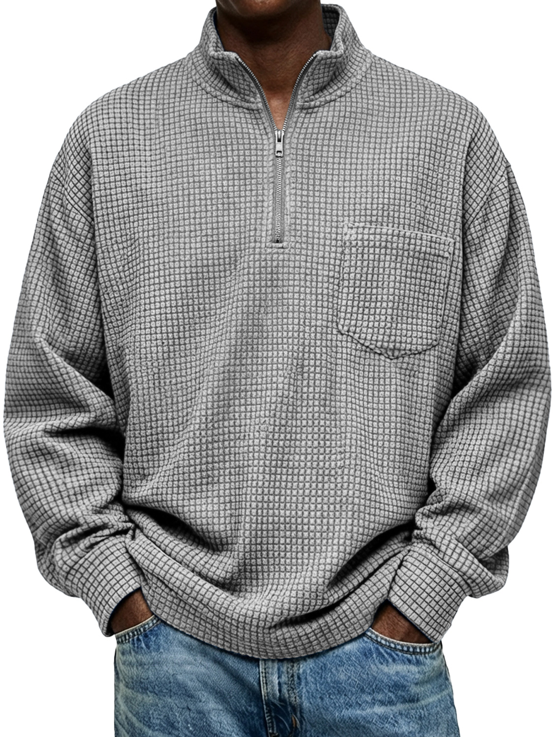 Men's Vintage Small Plaid Stand-collar Zip-up Casual Long-sleeved T-shirt With Pockets