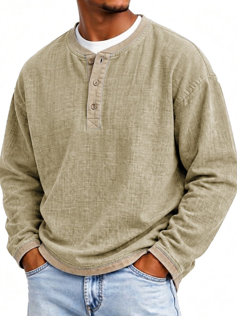 Men's Fashionable Patchwork Linen Fabric Long-sleeved Henley Shirt