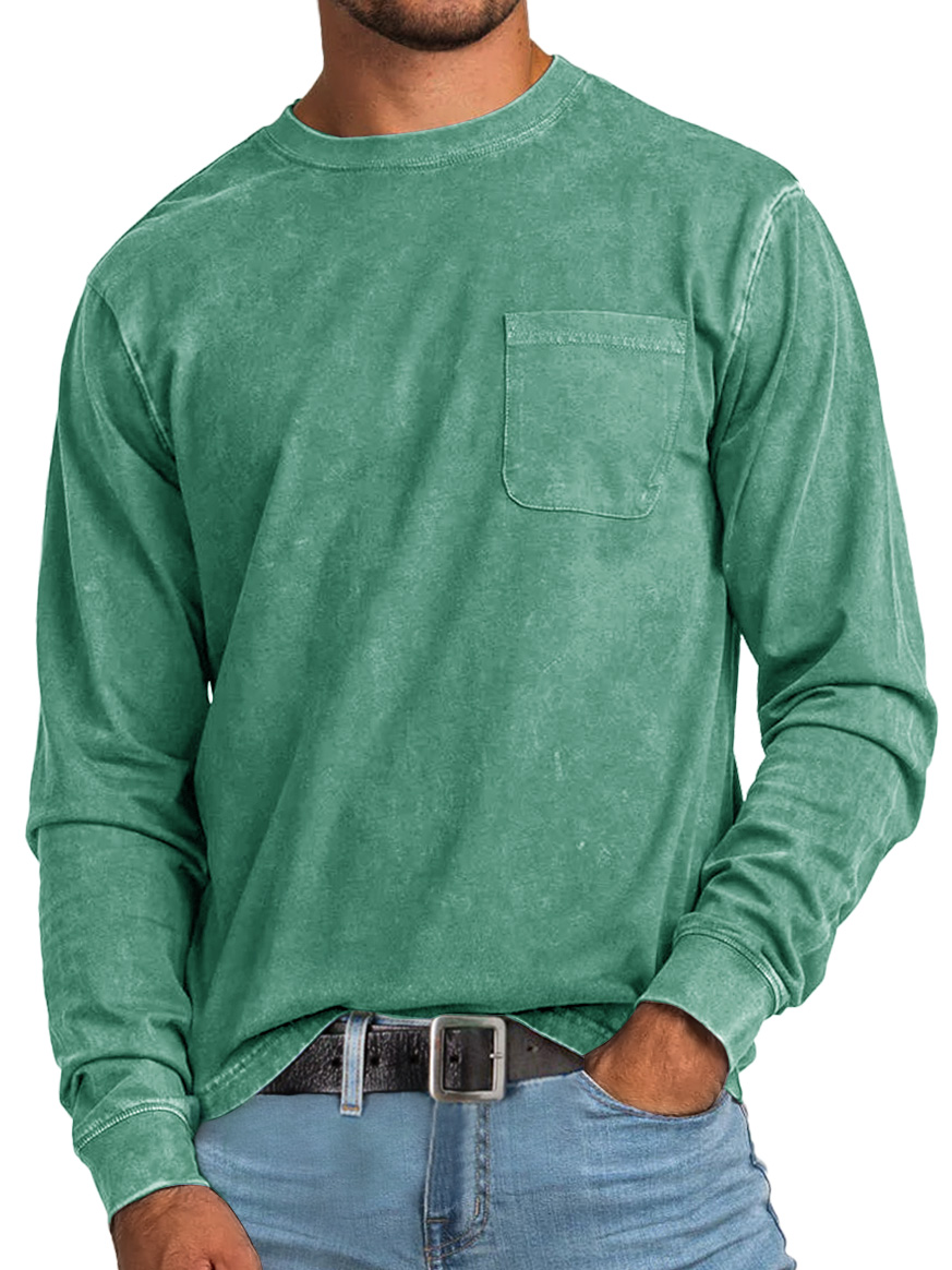 Men's Retro Casual Round Neck Pocket Solid Color Long Sleeve T-Shirt