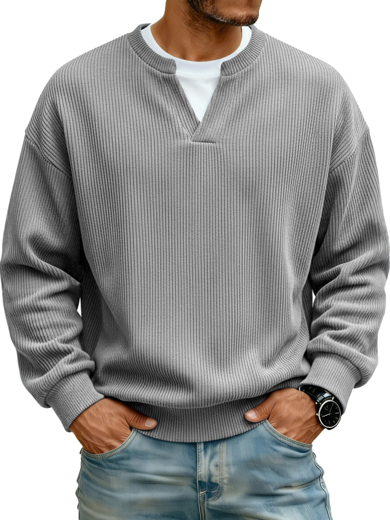 Men's Ribbed V-neck Faux Two-Piece Casual Long-Sleeve T-Shirt