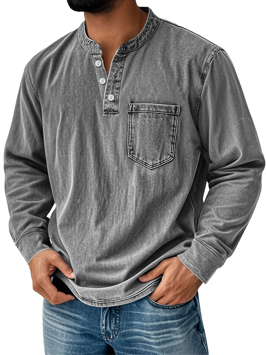 Men's Retro Stand Collar Pocket Casual Distressed Long Sleeve Henley Shirt