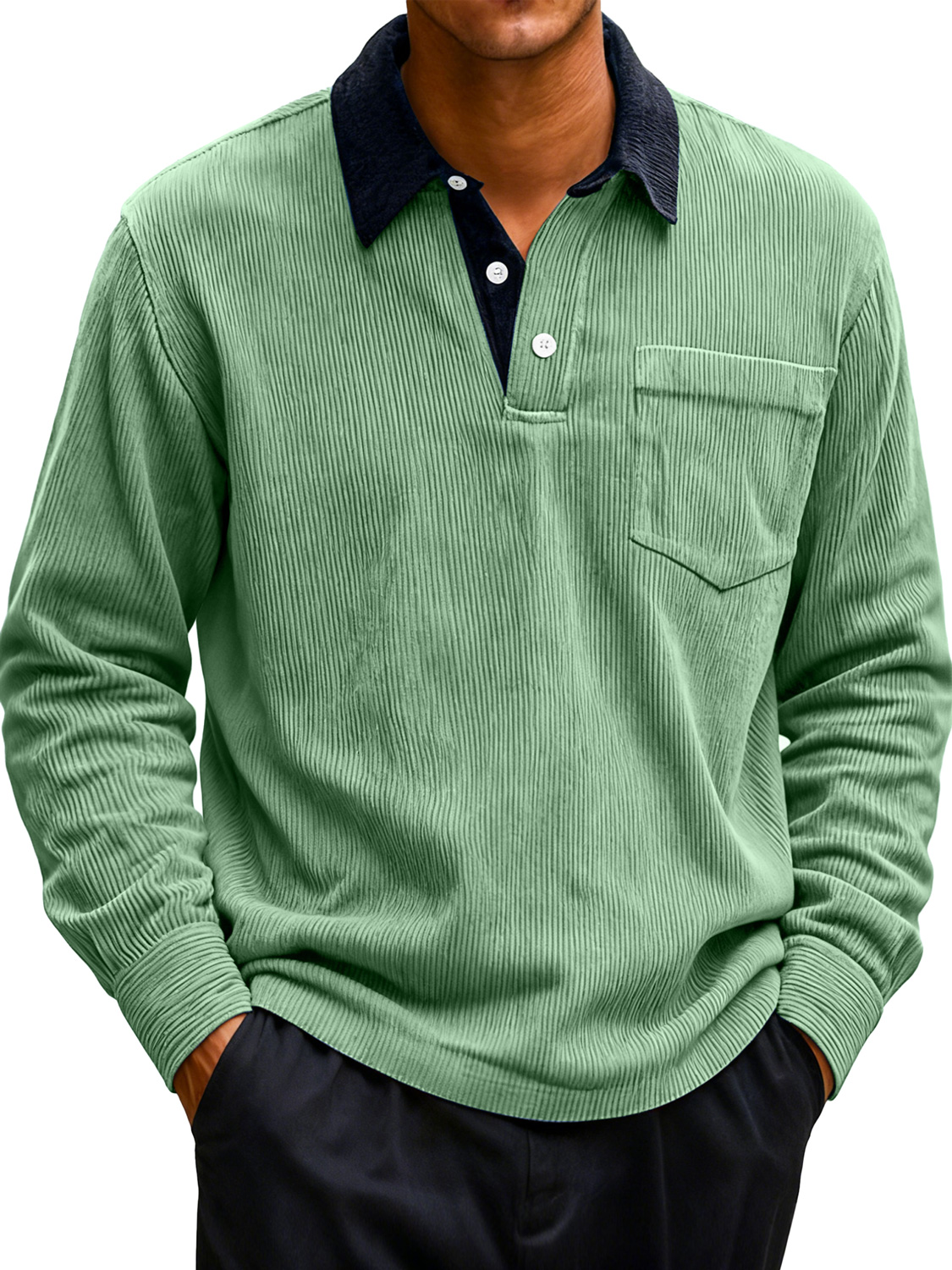 Men's Corduroy Lapel Stitching Casual Long-sleeved Polo Shirt