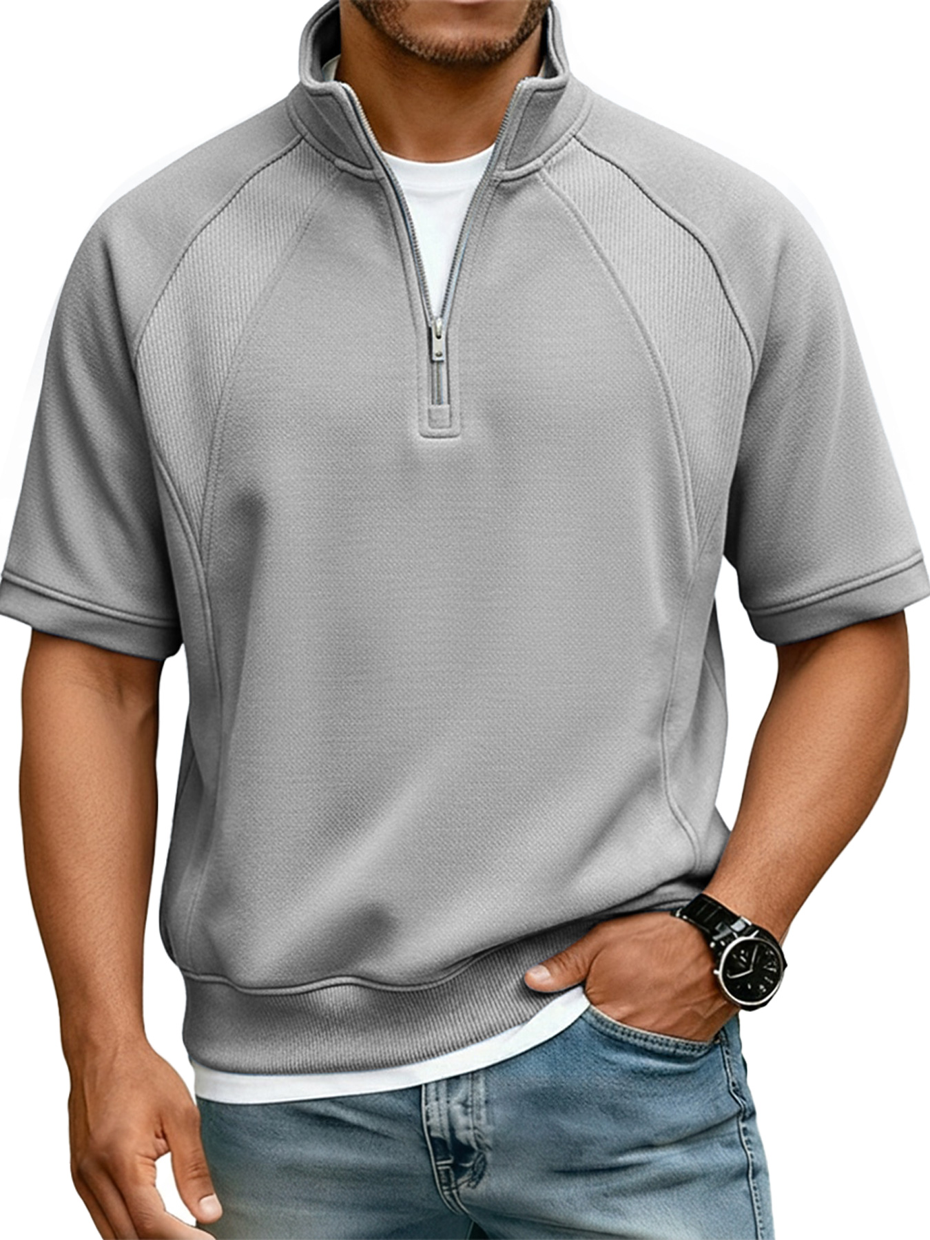 Men's Casual Deconstructed Design Stand Collar Zipper Short Sleeve T-Shirt