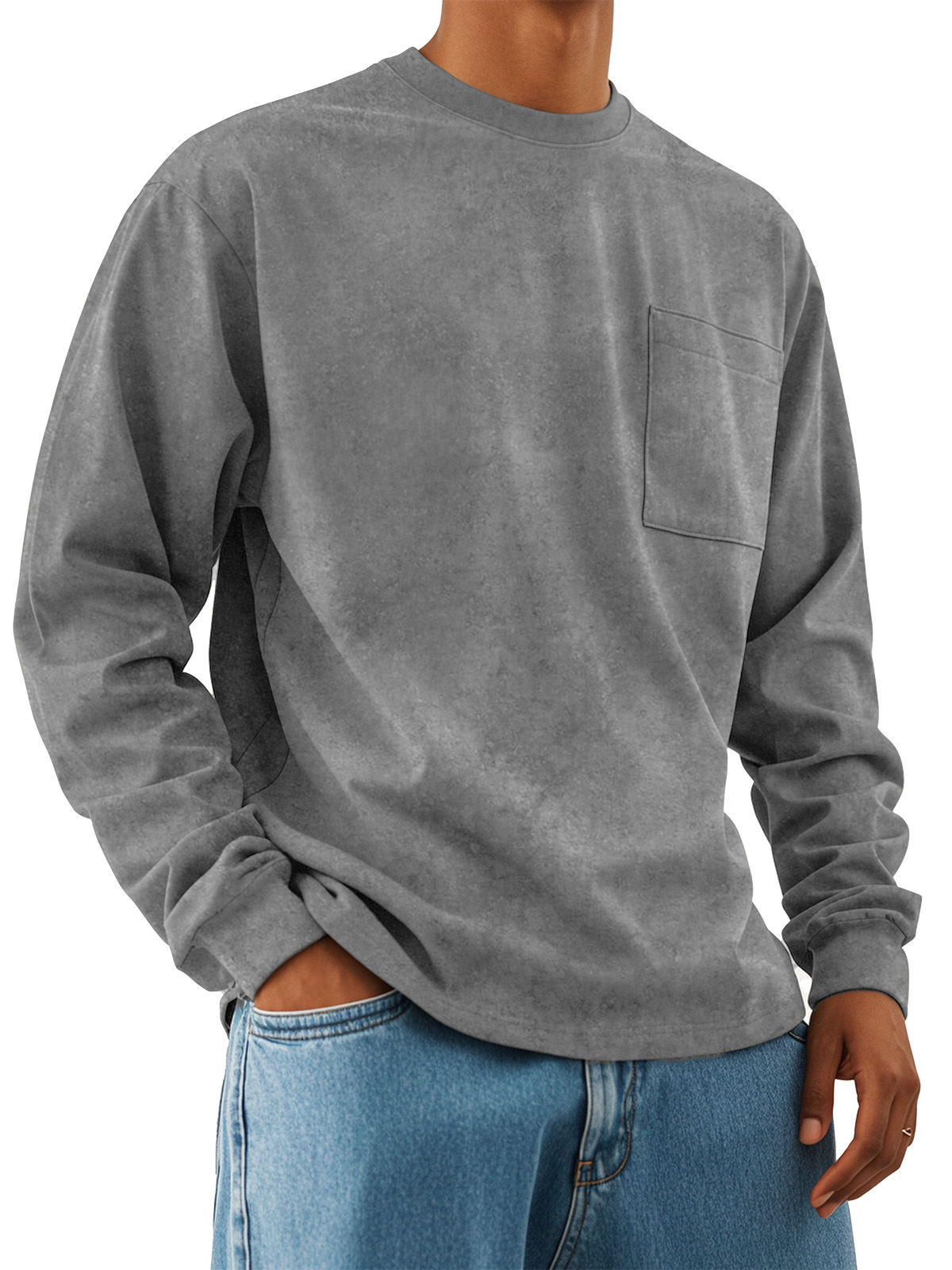 Men's Fashion Retro Casual Round Neck Pocket Long Sleeve T-shirt