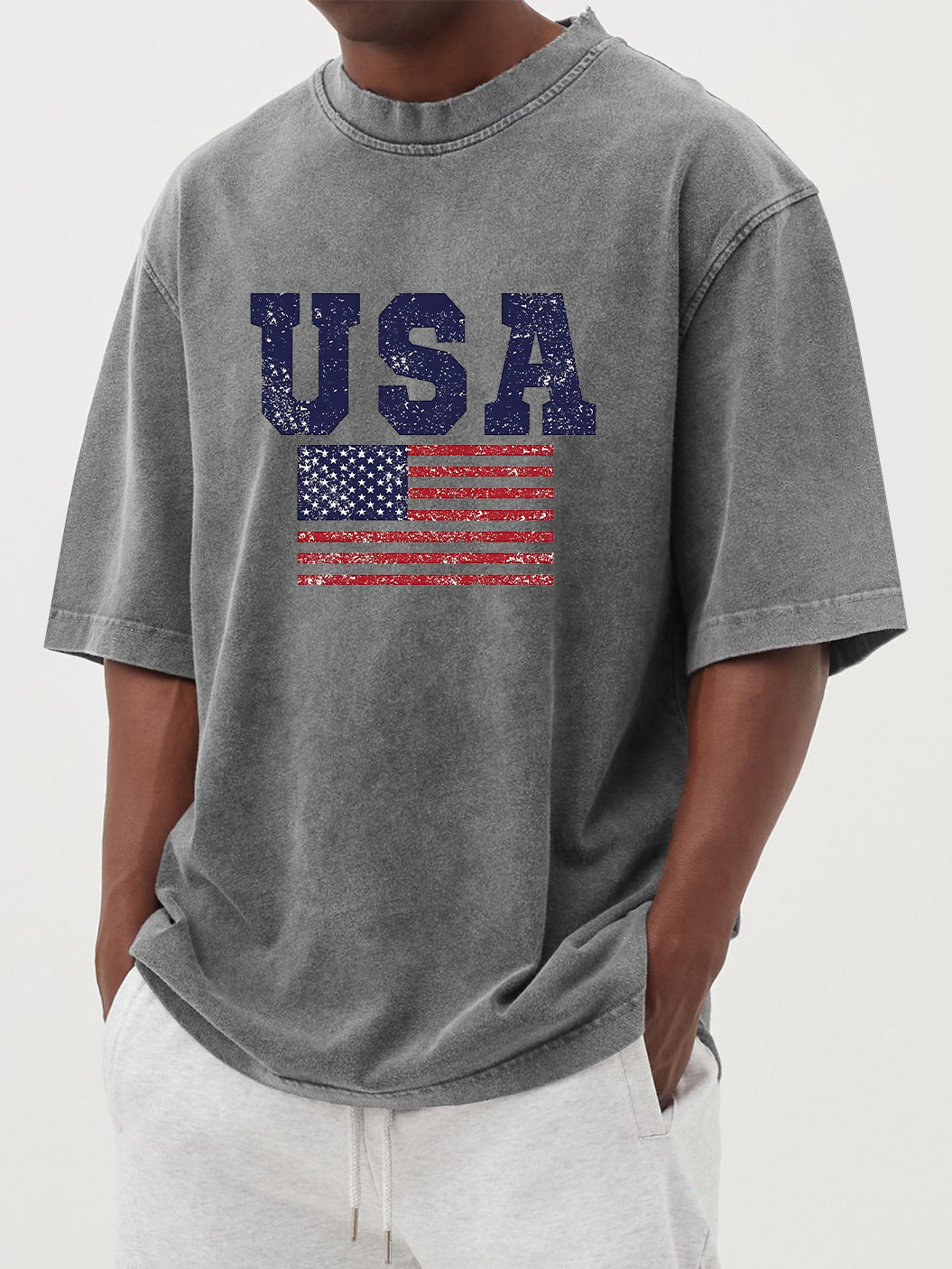 Men's vintage washed USA flag printed short sleeve T-shirt