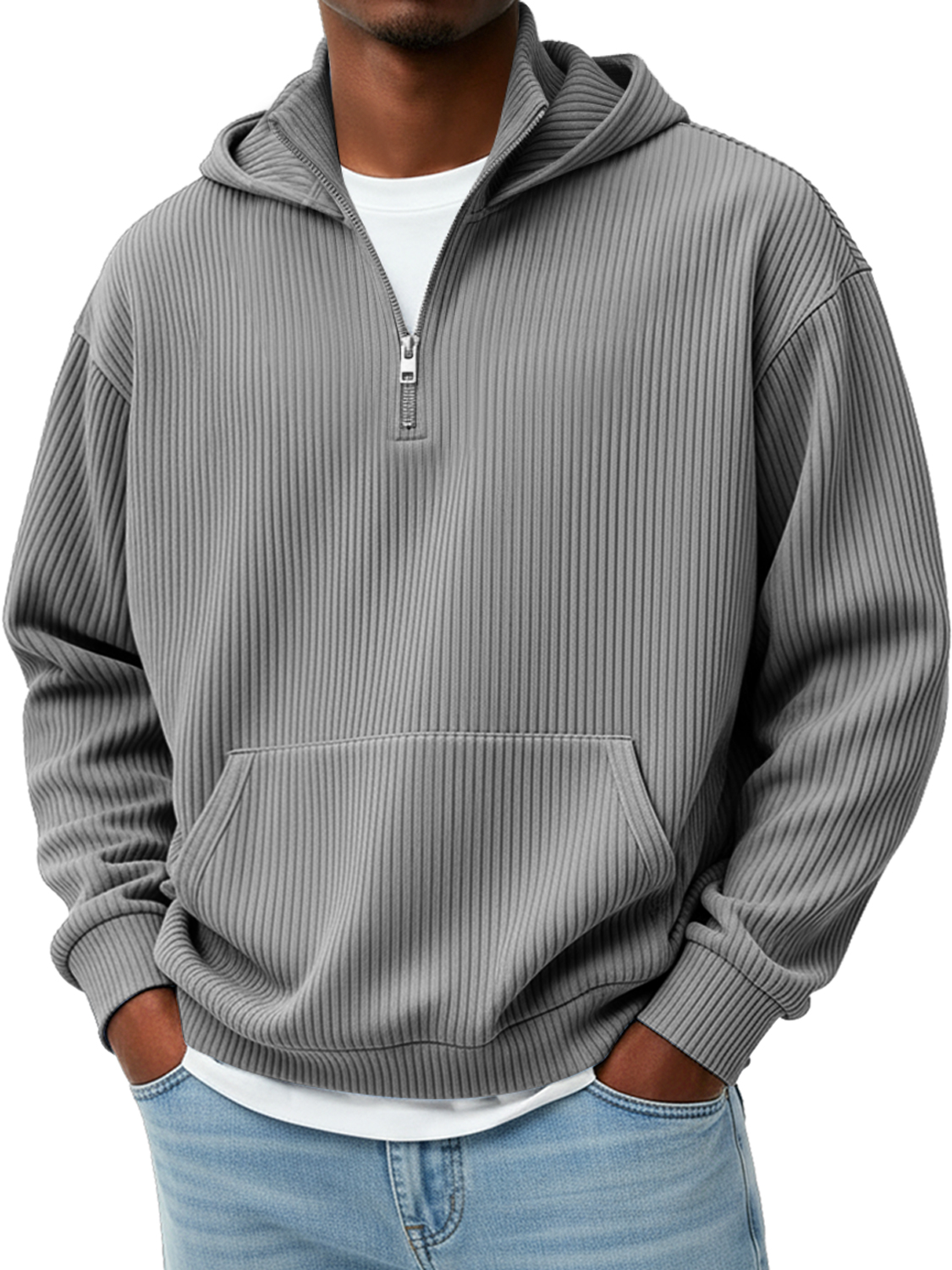 Men's Pit Stripe Stand Collar Zipper Casual Loose Hooded Sweatshirt