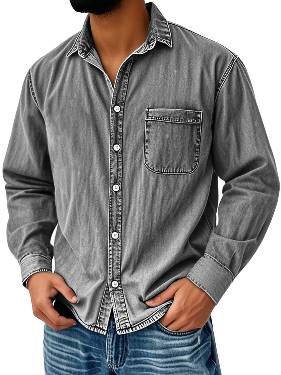Men's Vintage Distressed Lapel Pocket Casual Long-sleeved Shirt