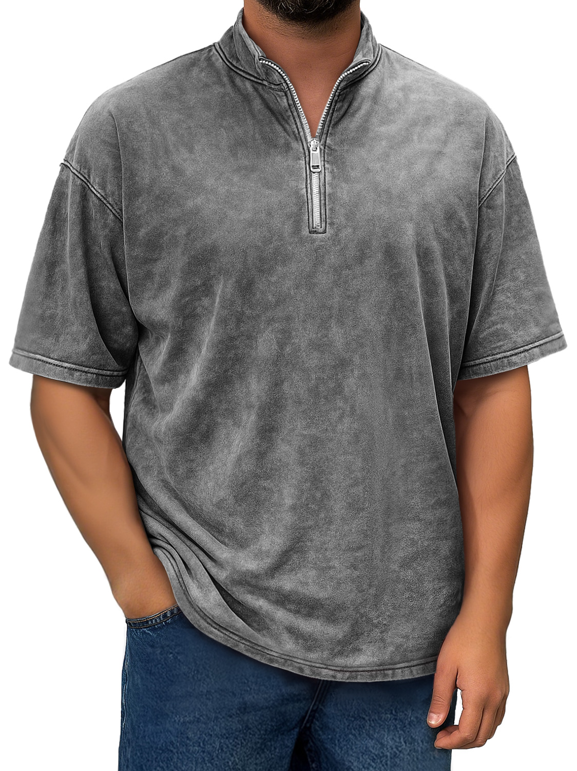 Men's Retro Stand Collar Zipper Casual Short Sleeve T-shirt