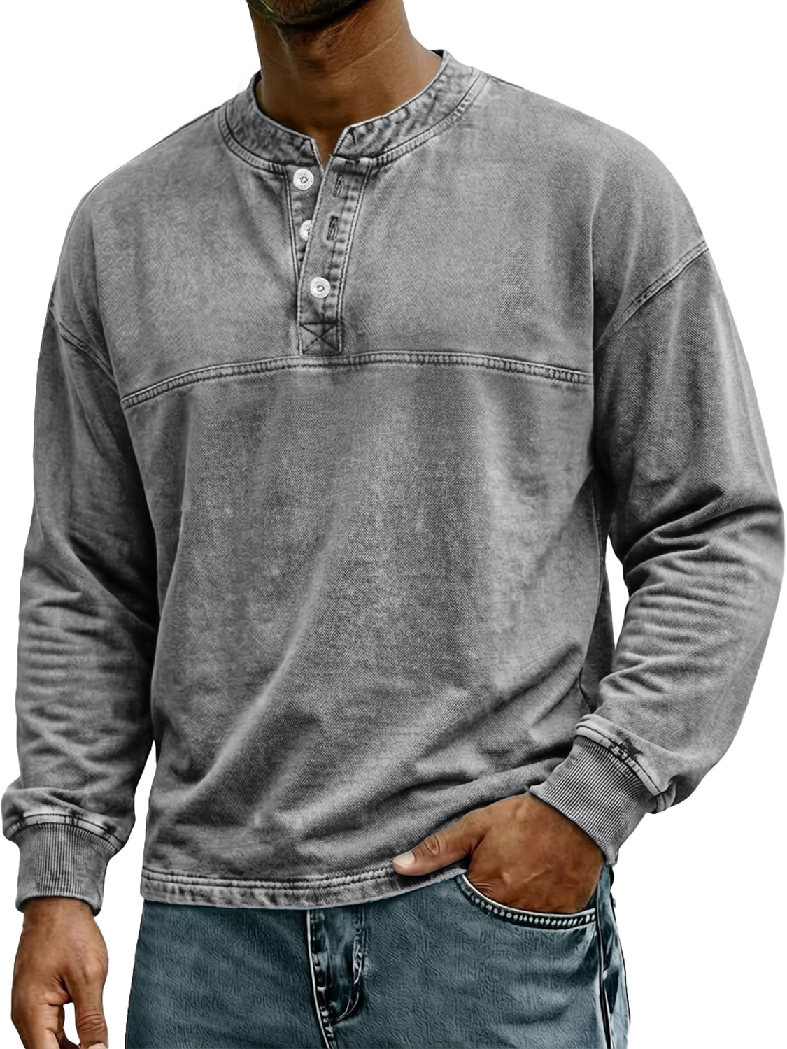 Men's Retro-Style Stand Collar Button Casual Long Sleeve Henley Shirt