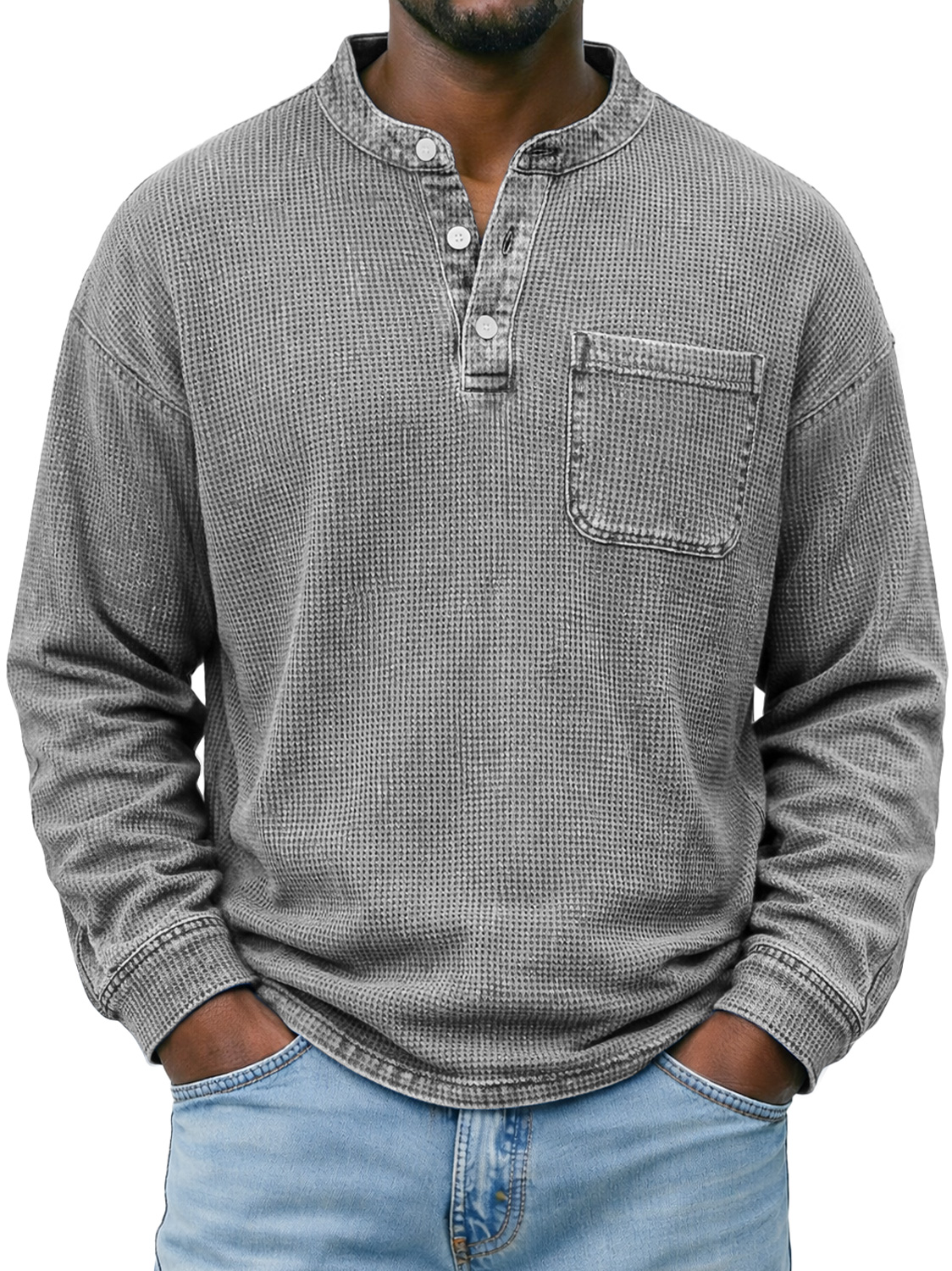 Men's Simple Waffle-knit Casual Long-sleeved Henley Shirt With Pocket