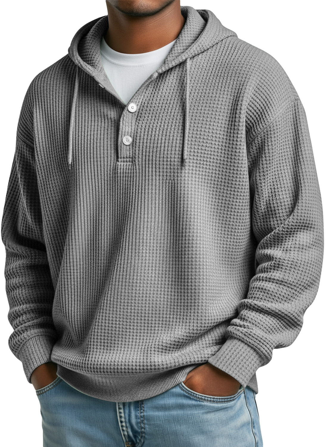 Men's Waffle Casual Hooded Button Loose Sweatshirt