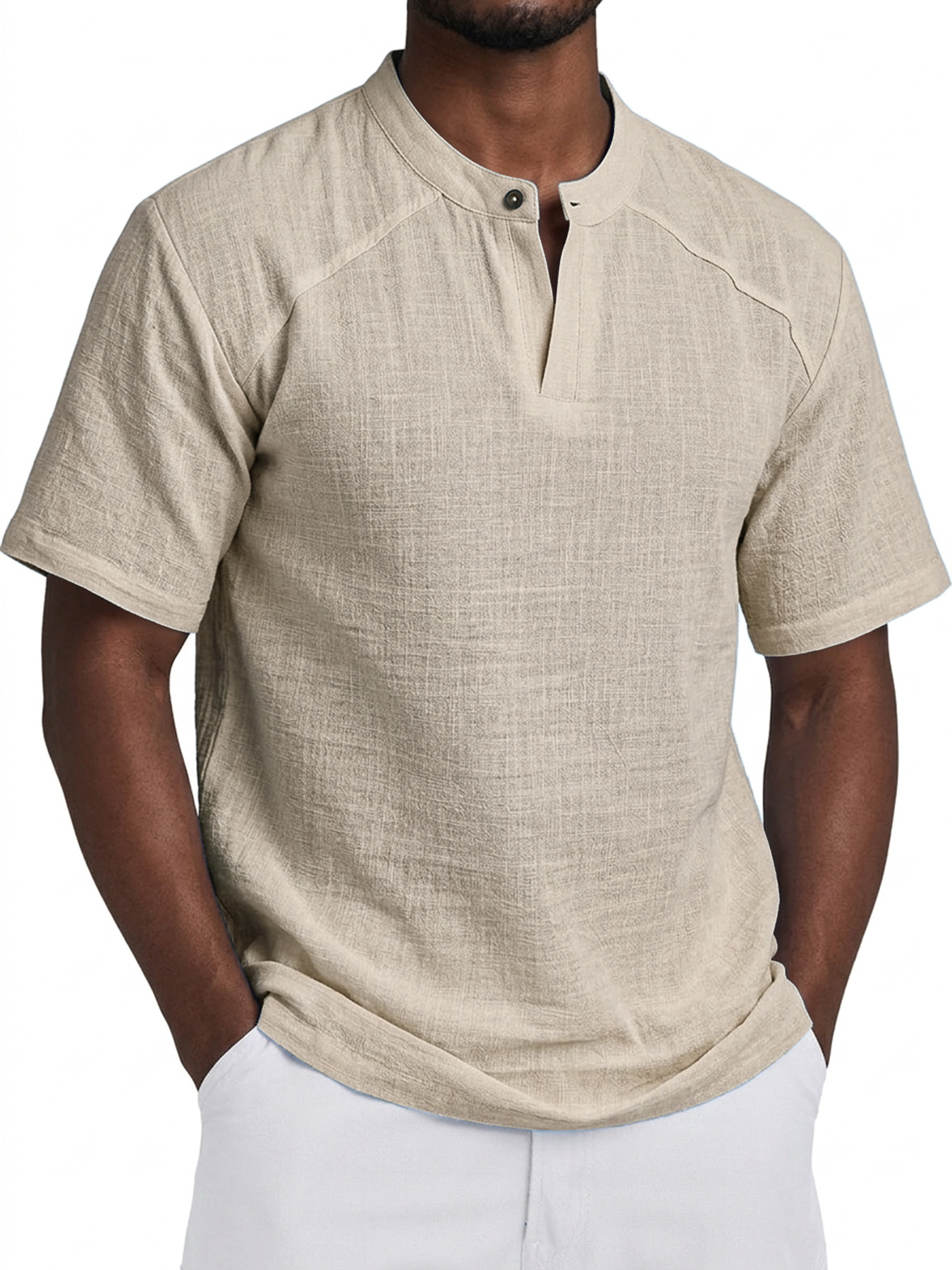 Men's Comfortable Cotton Linen Raglan Casual Short-Sleeve Henley Shirt