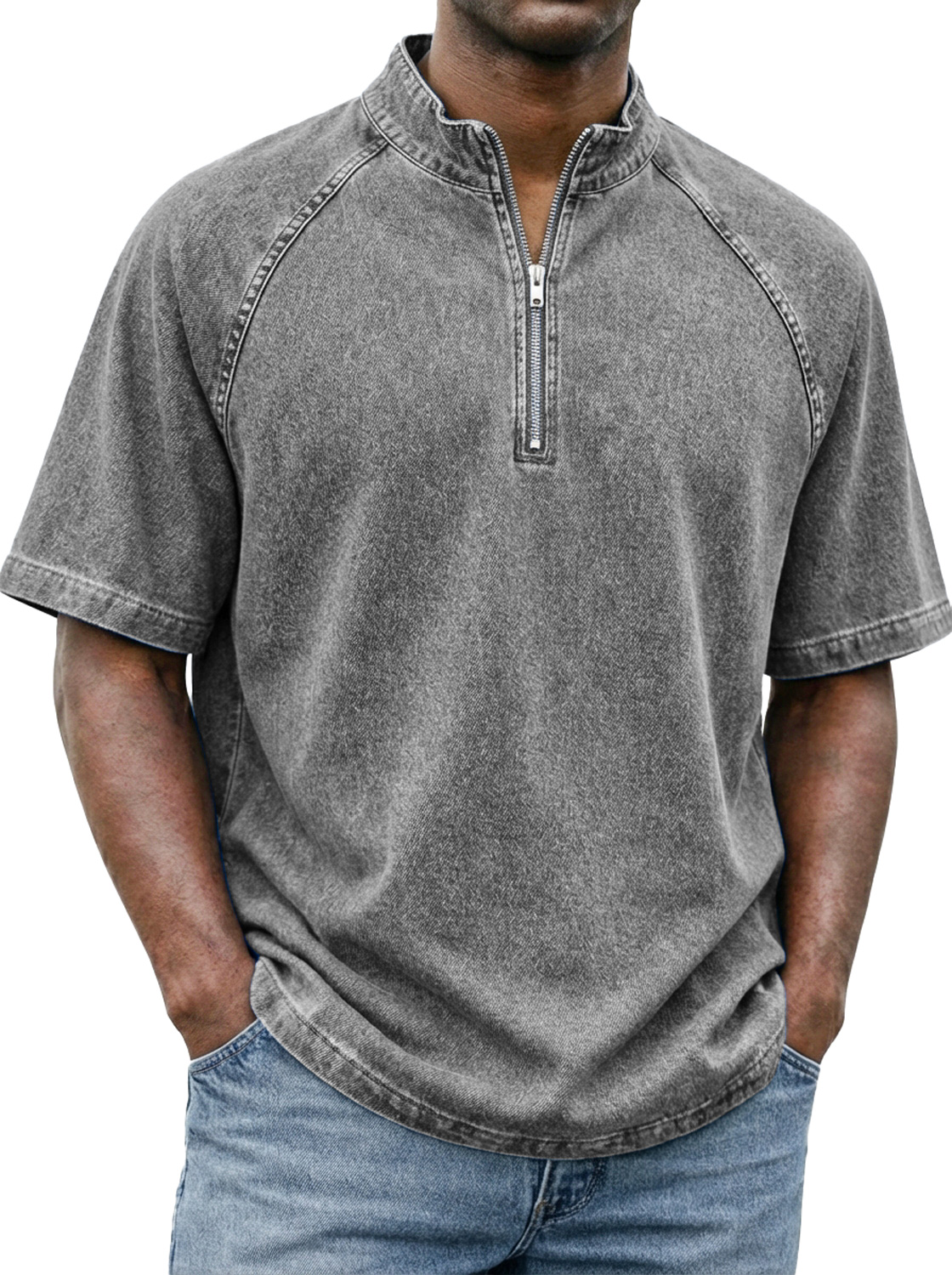 Men's Retro Raglan Sleeve Stand-collar Zip-up Casual Short-sleeved T-shirt