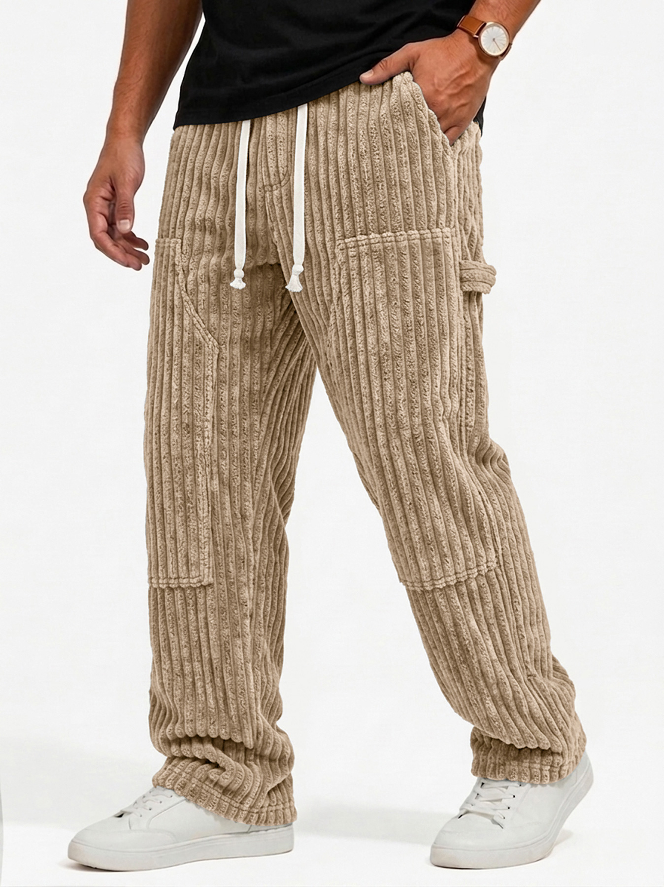 Men's Retro Corduroy Casual Cargo Pants with Multi-Pocket Patchwork Design