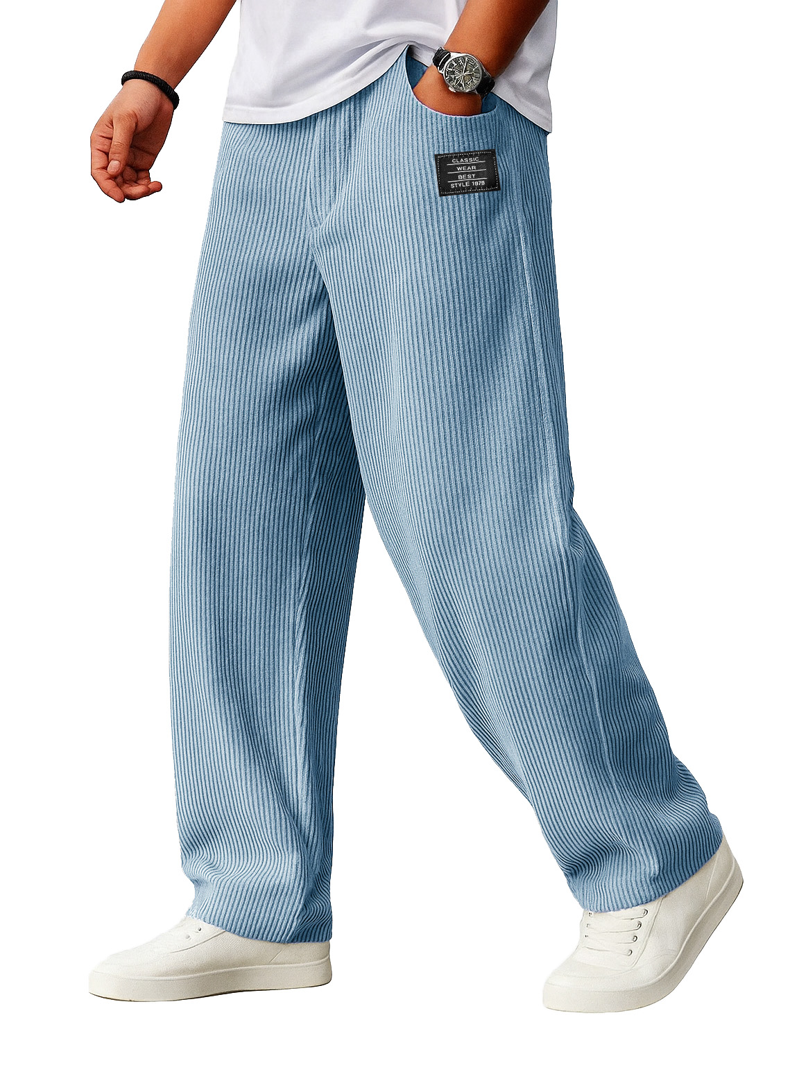 Men's Stylish Everyday Corduroy Ribbed Fabric Pants With Loose-fitting Drawstring Waist And Embroidered Logo