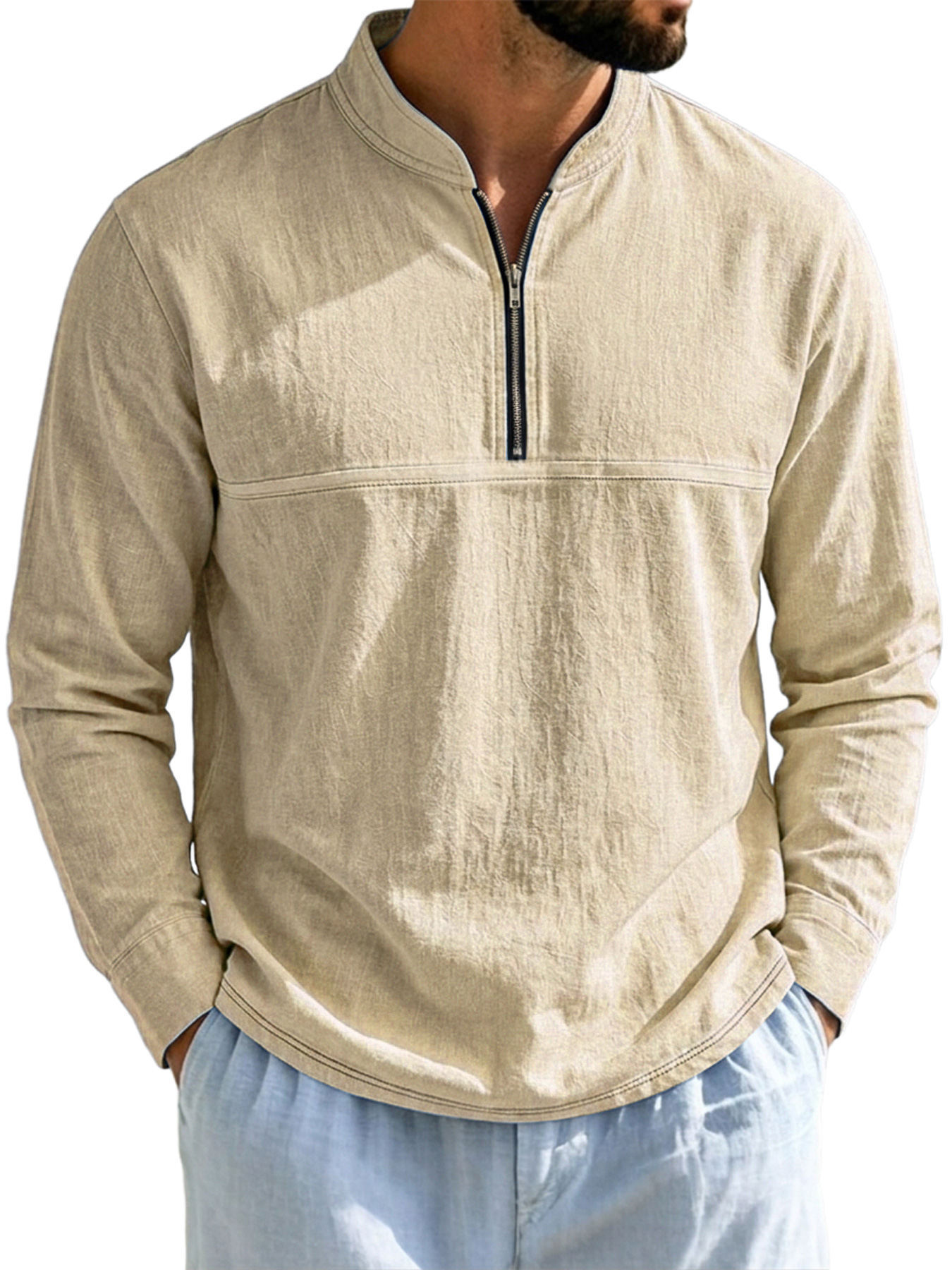 Men's Linen Stand-Collar Zip-Front Casual Long-Sleeve T-Shirt