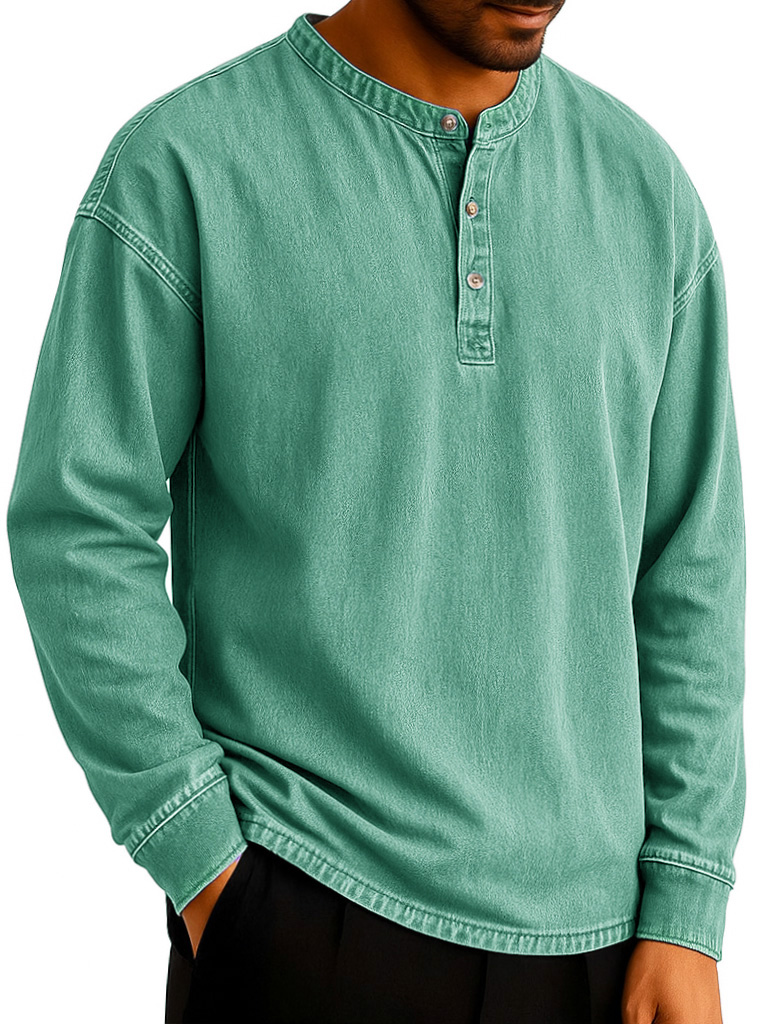 Men's Stylish Retro Distressed Long-sleeved Multicolor Henley Shirt
