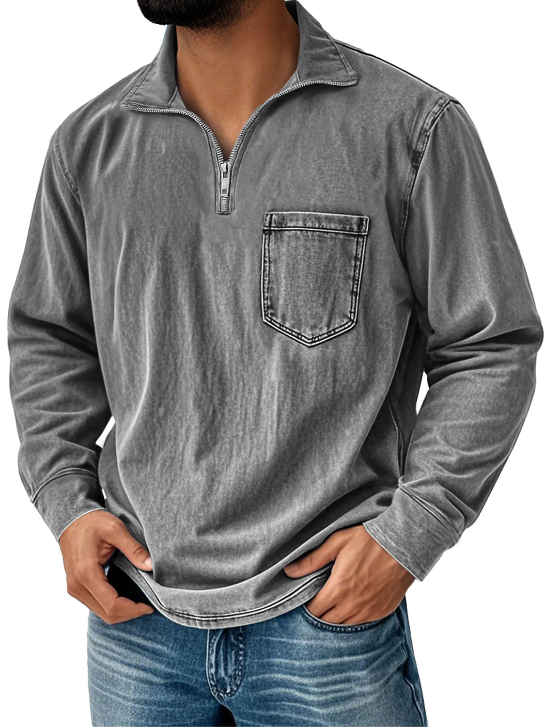 Men'sVintage Distressed Stand-up Collar Zipper Casual Solid Color Long-sleeved T-shirt