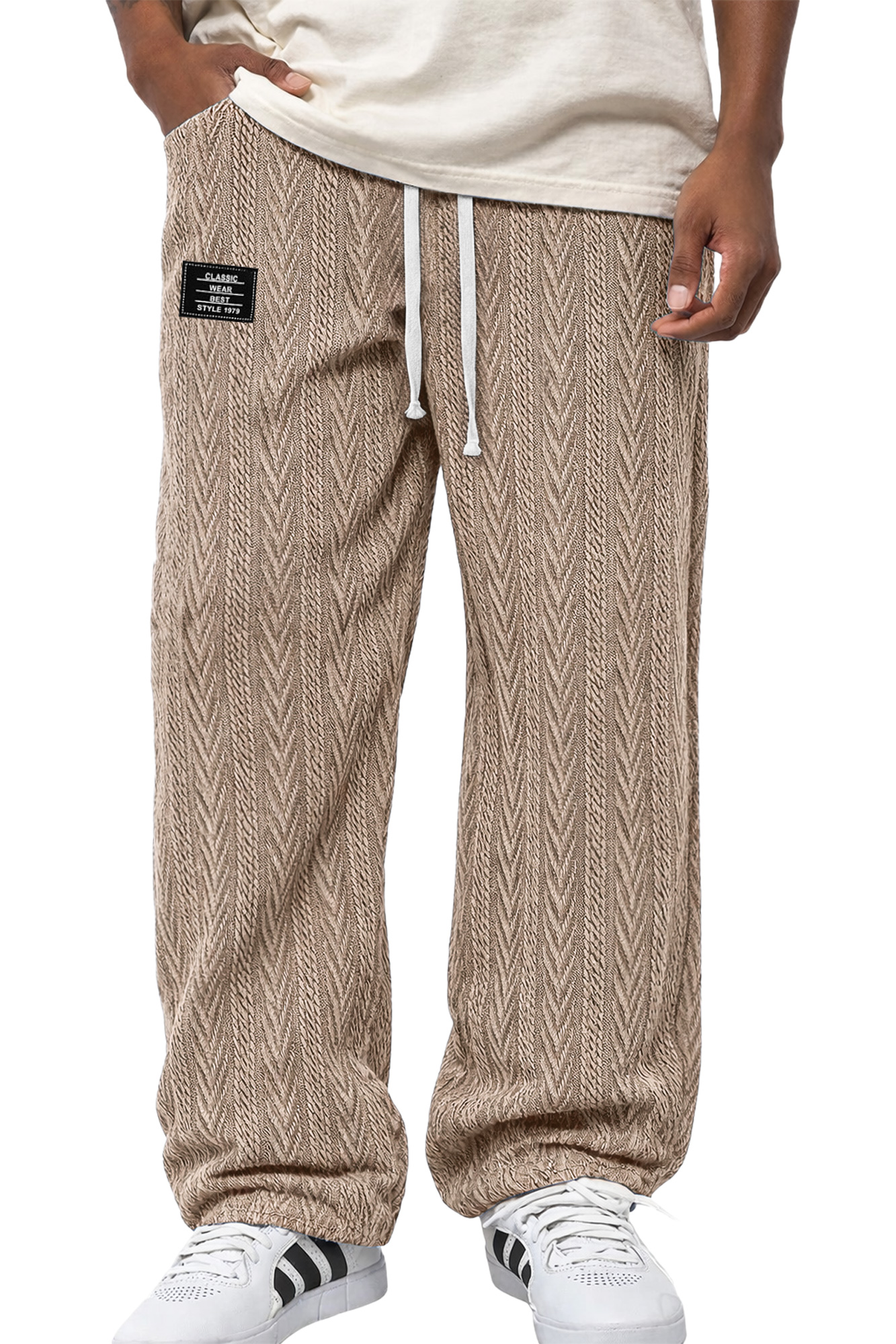Men's Casual Jacquard Textured Embroidered Logo Elastic Waist Loose Trousers