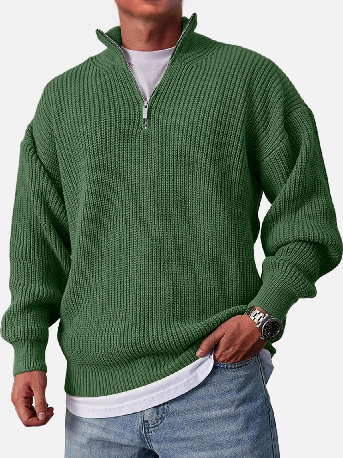 Men's Casual Fashion Loose Zipper Stand Collar Solid Color Sweater