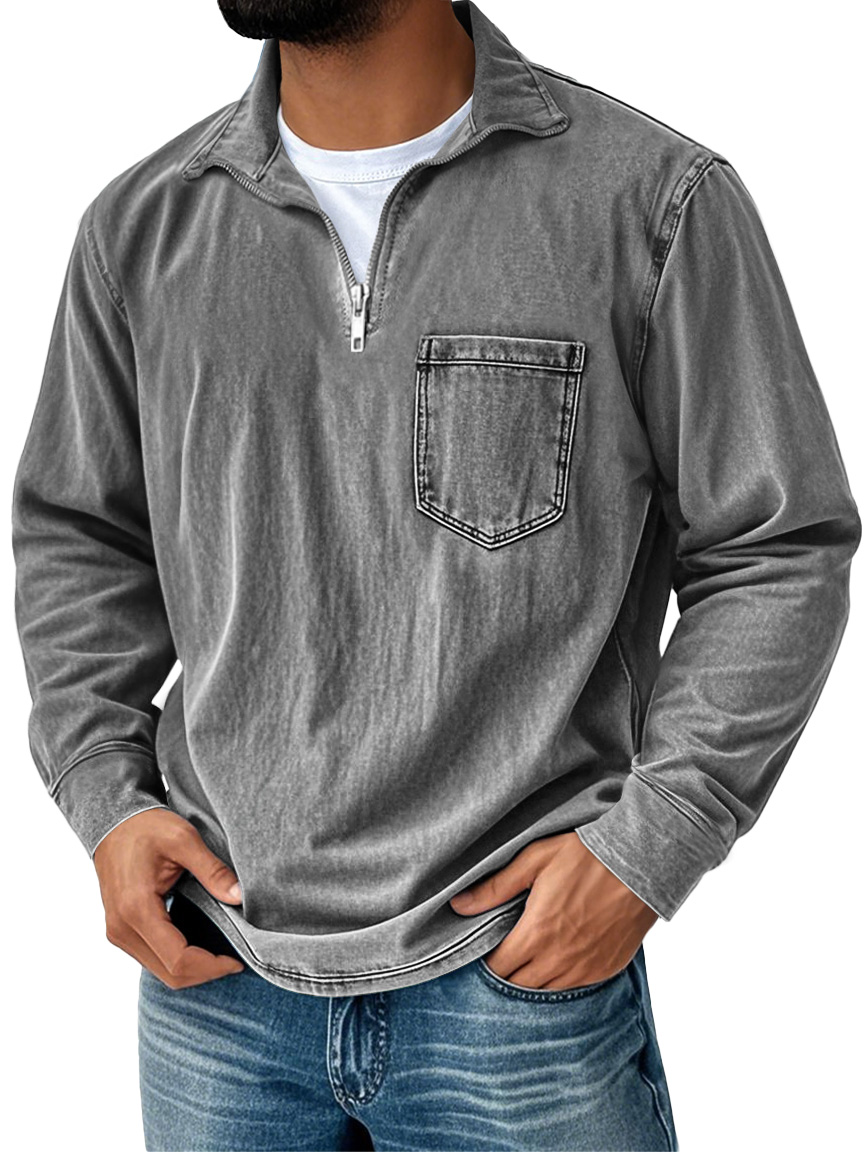 Men's Retro Casual Stand Up Collar Zipper Pocket Distressed Long Sleeved T-shirt