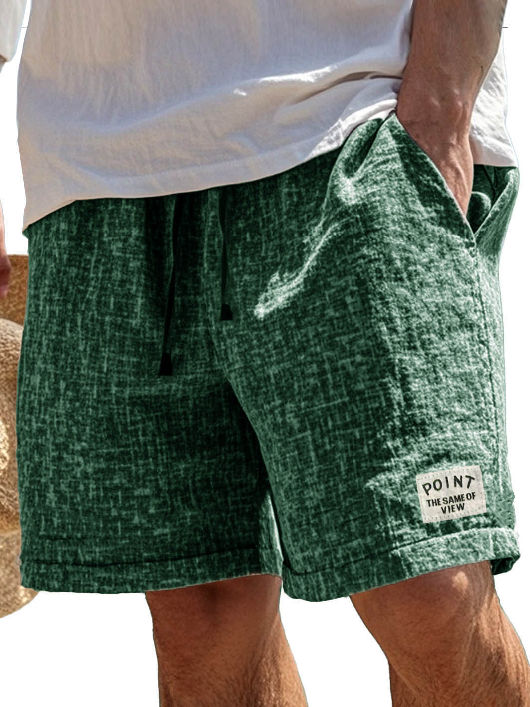 Men's Fashion Casual Hemp Fabric Pocket Embroidered Logo Shorts 