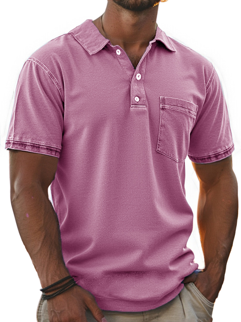 Men's Stylish Retro Pure Cotton Distressed Fabric Pocket Lapel Polo Shirt 