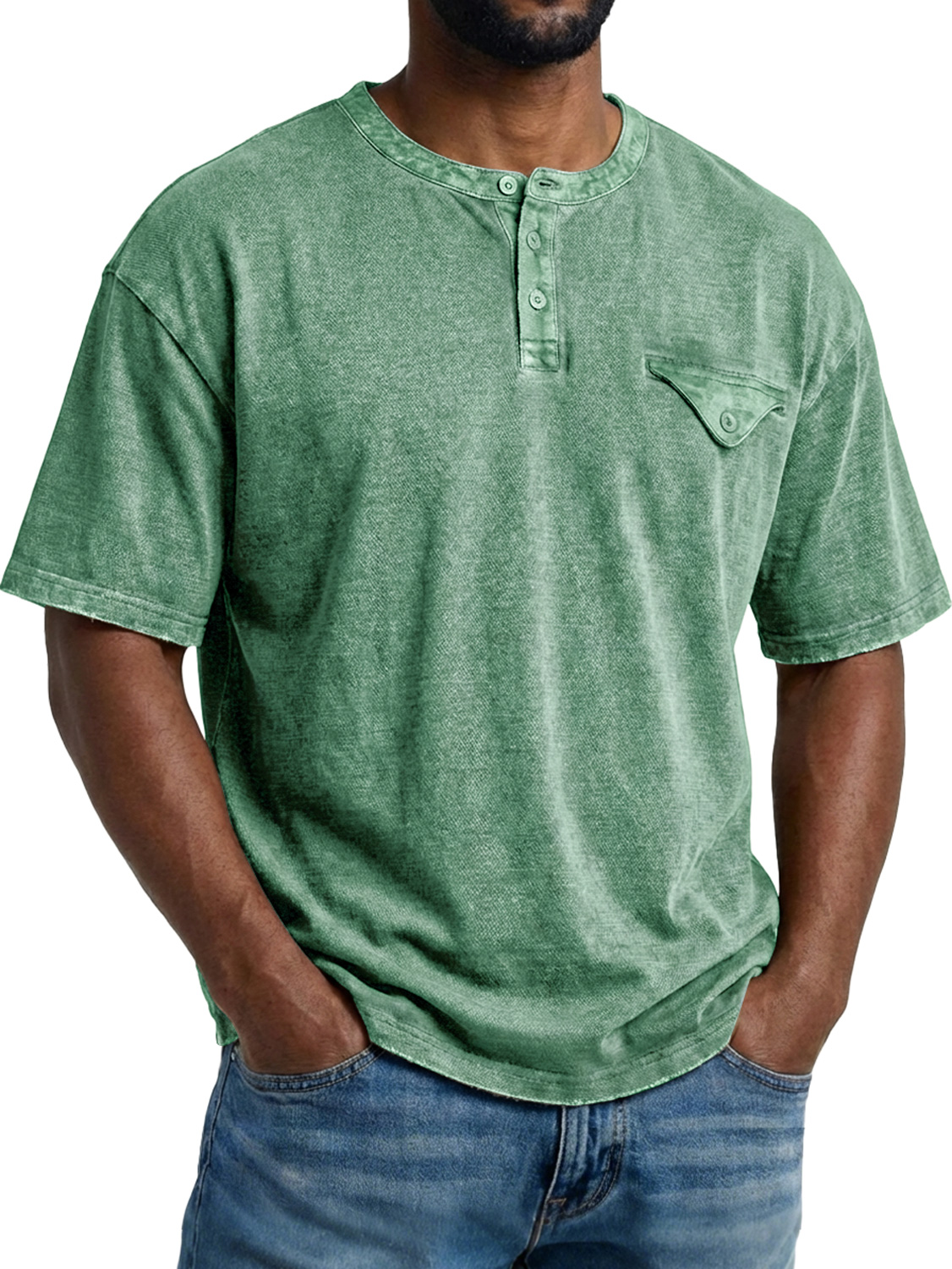 Men's Retro Pocket Design Casual Short-Sleeve Henley Shirt