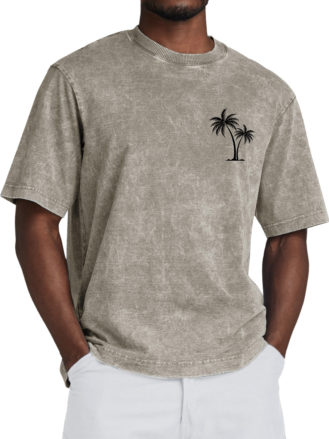 Men's 100% Cotton Retro Washed Coconut Tree Print Crew Neck Short Sleeve T-Shirt
