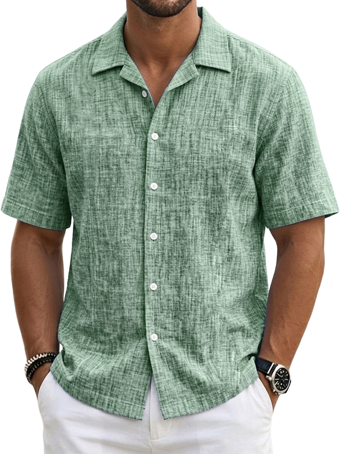 Men's Casual Linen Comfort Solid Color Short-Sleeve Shirt