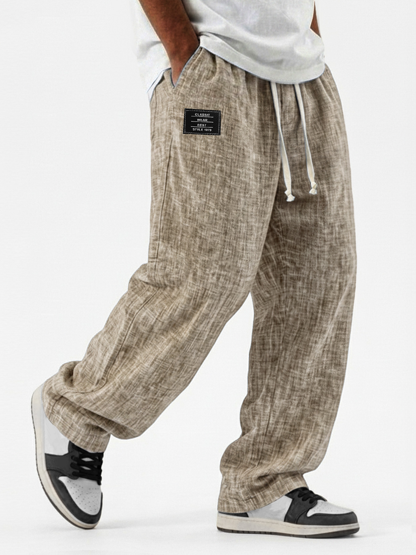 Men's Casual, Breathable Cotton-Linen Loose-Fit Trousers with Embroidered Logo