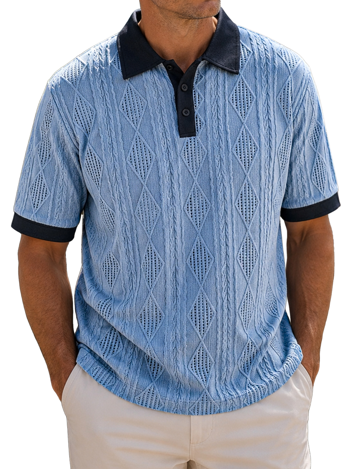Men's Casual Jacquard Textured Breathable Collared Short Sleeve Polo Shirt