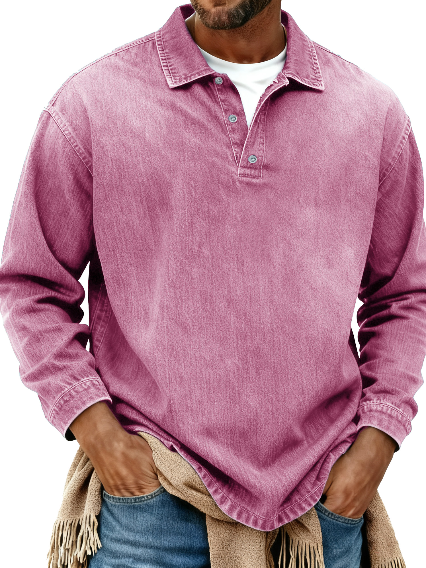 Men's Retro Fashion Distressed Collar Long-Sleeve Polo Shirt