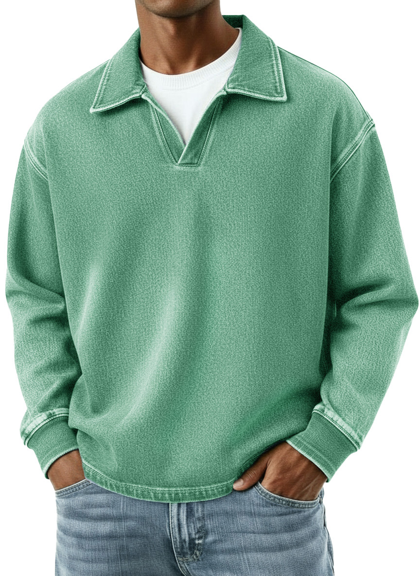 Men's Distressed Retro Fashion Lapel V-Neck Long-Sleeve Polo Shirt