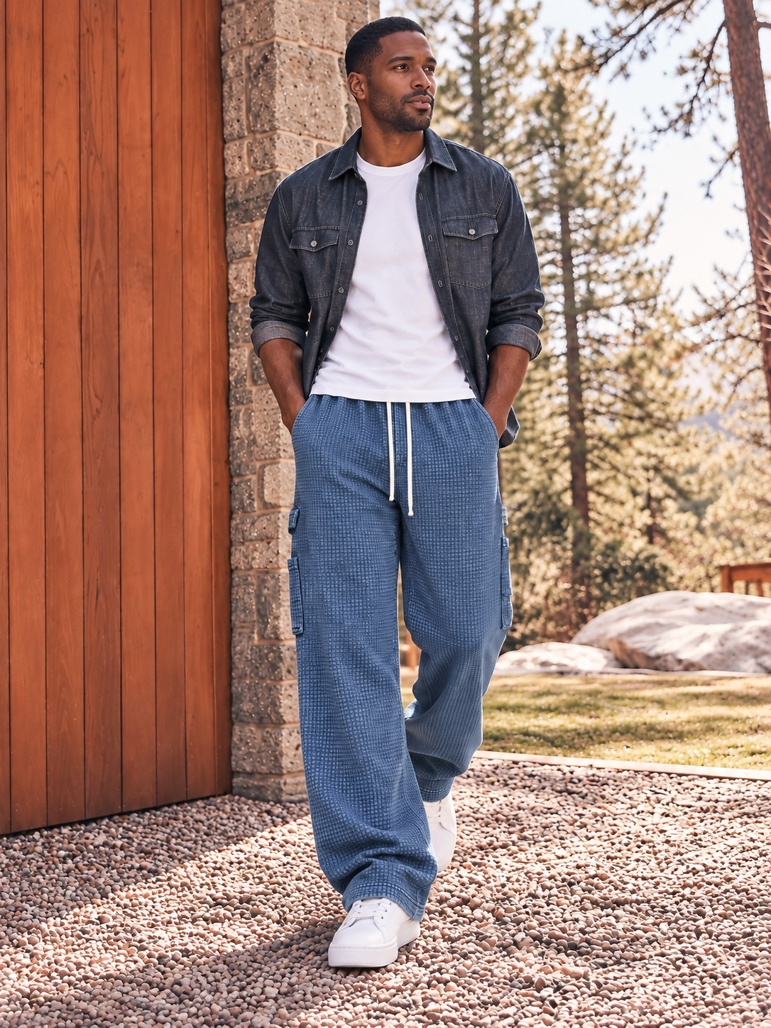 Men's Autumn Vintage Washed Distressed Waffle Knit Multi-Pocket Straight-Leg Pants